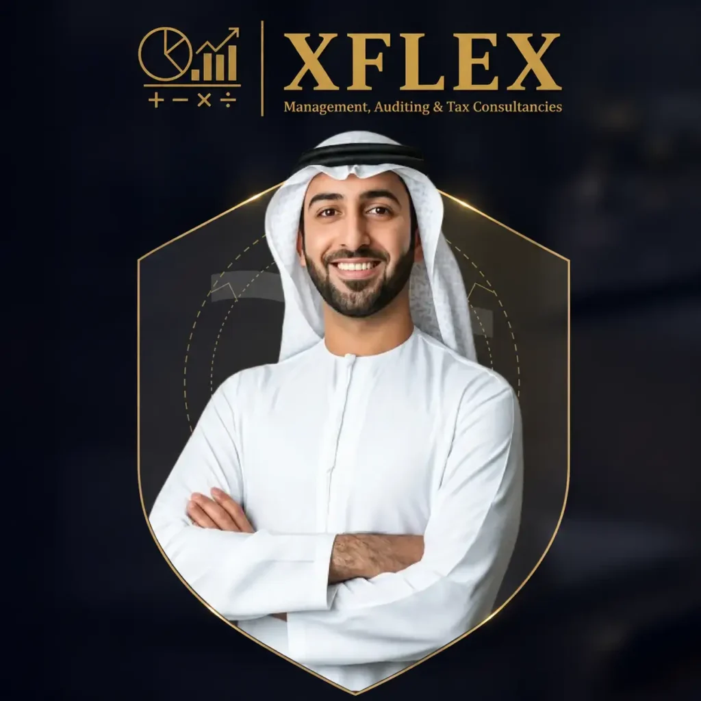 XFLEX Management, Auditing & Tax Consultancies Dubai XFLEX tax consultant in traditional Emirati attire representing management, auditing and tax consultancy services in Dubai