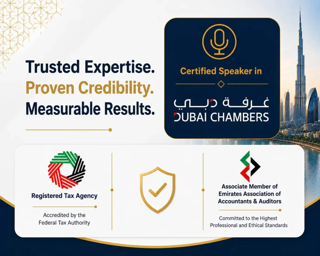 Dubai Chambers Certified Speaker | Registered Tax Agency - XFLEX XFLEX credentials showing Dubai Chambers certified speaker status, Federal Tax Authority registered tax agency, and Emirates Association of Accountants & Auditors membership